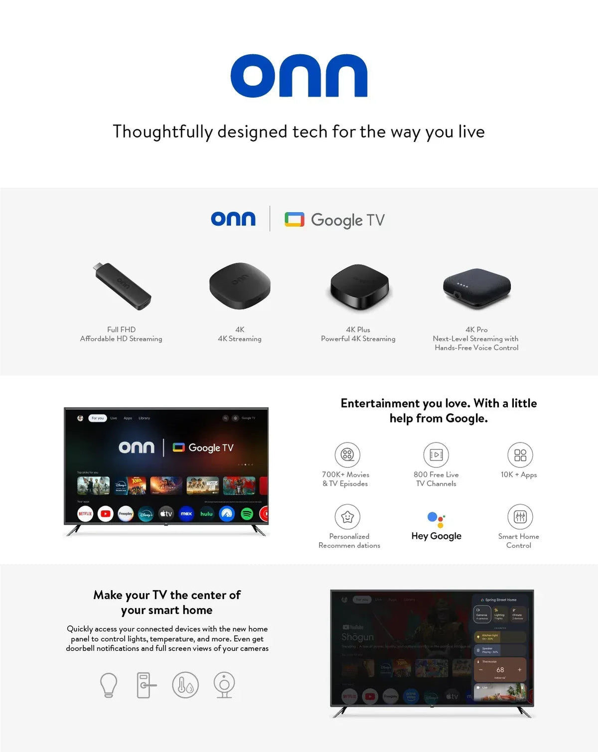 onn 4K Pro Streaming Device, Google TV with Gemini* - Ultra-fast Streaming, Stunning 4K UHD, 32GB Storage, 3GB RAM, Dolby Vision & Atmos, Find My Remote with Backlight, Ethernet Port