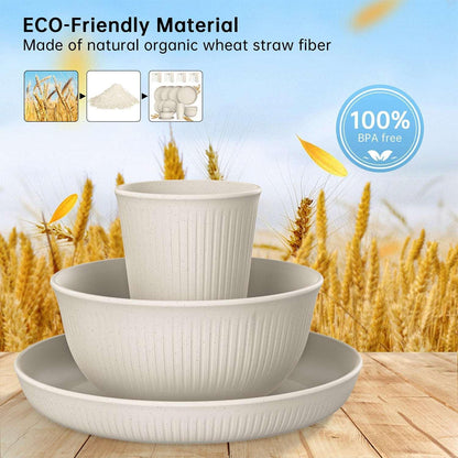 GPED 48 Pcs Wheat Straw Dinnerware Sets For 4, Unbreakable Dinnerware Sets, Reusable Wheat Straw Plates and Bowls Sets, Travel Camping Cutlery Set, Dishwasher Microwave Safe Dinnerware, Beige
