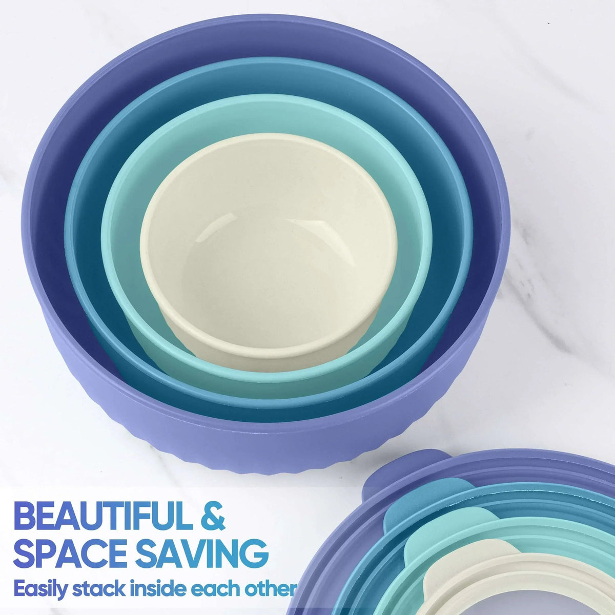 Vesteel 8Pcs Mixing Bowl Set with Lids, Nesting Plastic Bowls for for Mixing Serving Preparing Storage, Kitchen Prep Bowls, Dishwasher Safe, Blue