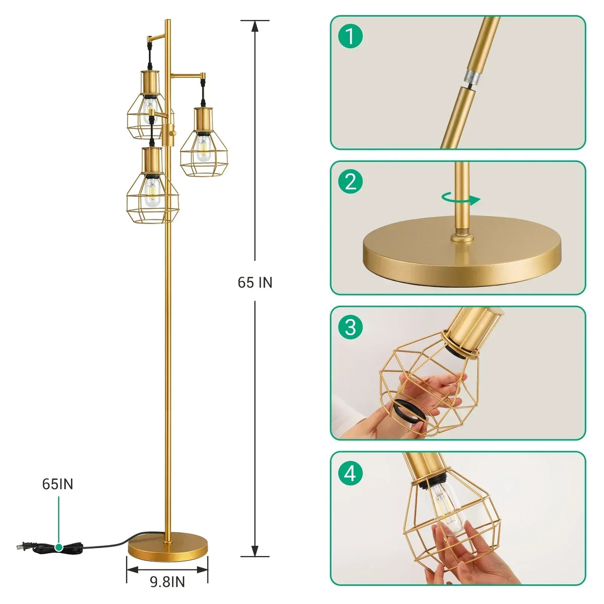 EDISHINE 65IN Farmhouse Industrial Black Floor Lamps for Living Room, Dimmable, Metal Standing Tree Lamp for Bedroom, Office, Home Decor, Lighting, 3 LED Bulb Included