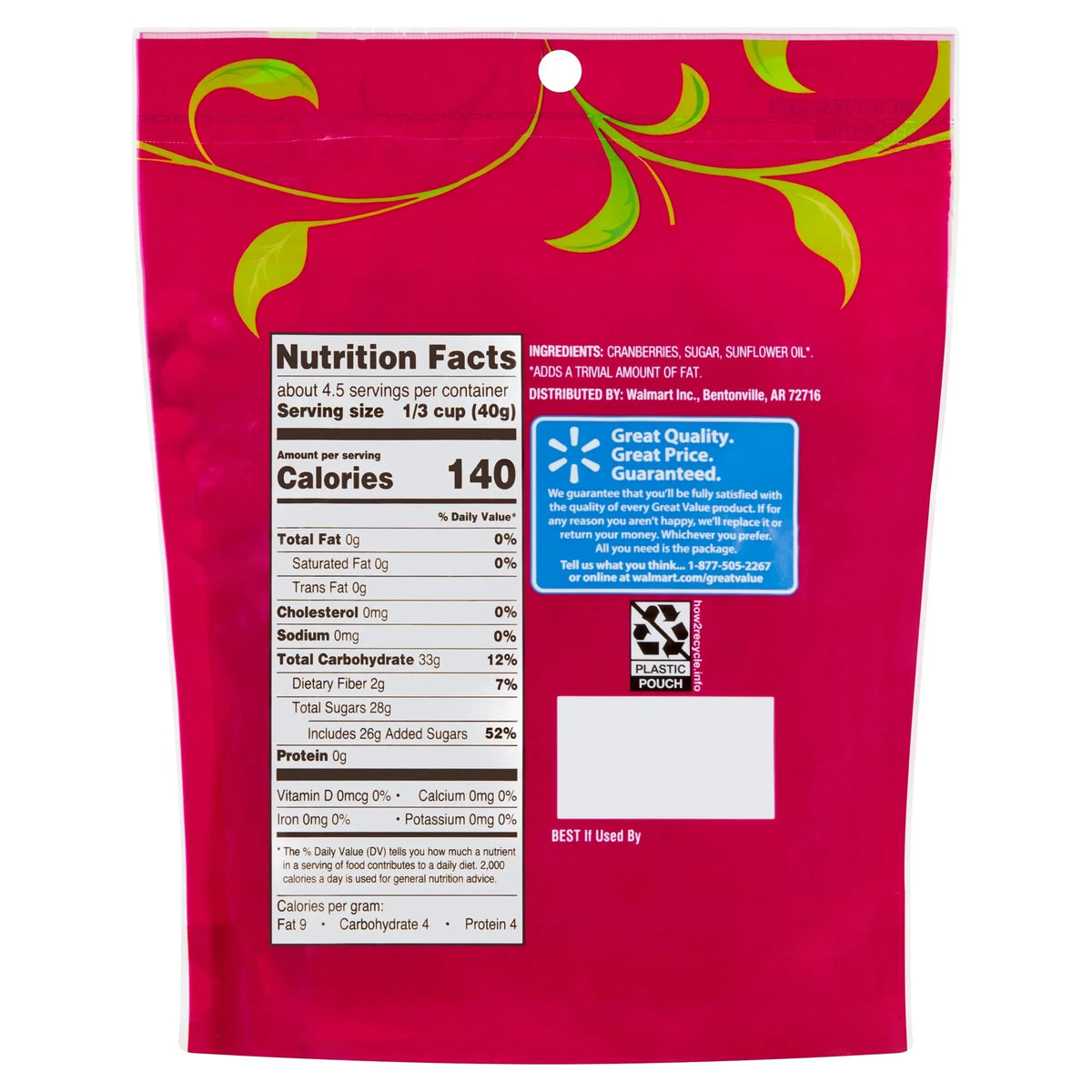 Great Value Sweetened Dried Cranberries, 6 oz