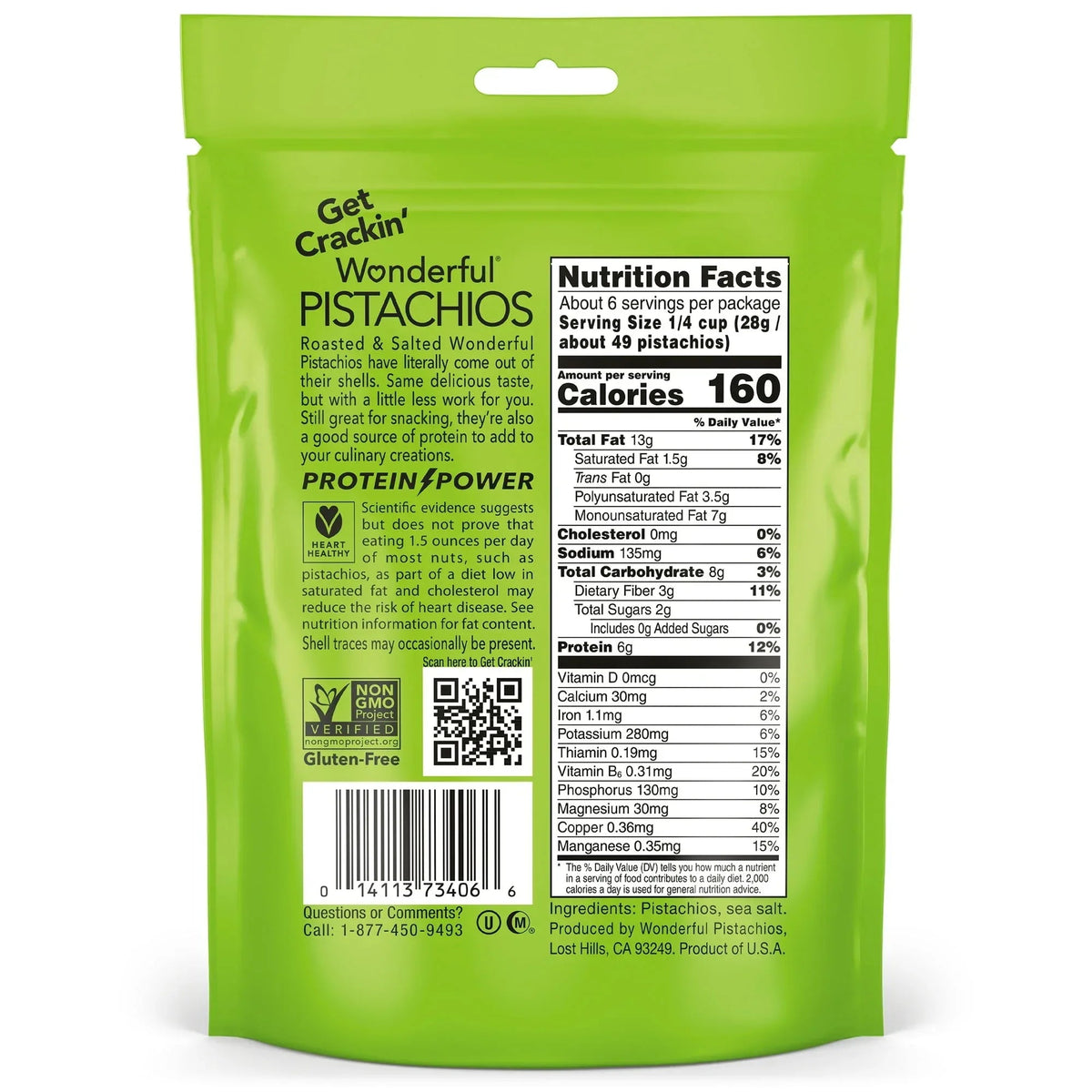 Wonderful Pistachios No Shells Roasted & Salted Nuts, 6 Ounce Bag