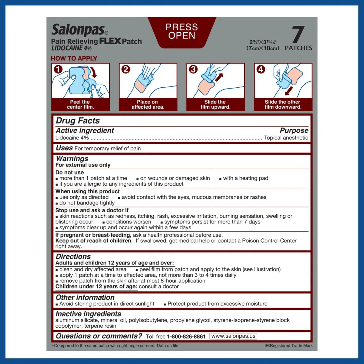 Salonpas Maximum Strength Flex Pain Relief Patch Lidocaine 4%, 8 Hours, Thin, Flexible, 7 Count