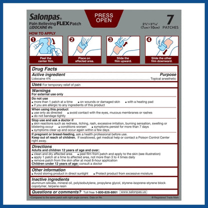 Salonpas Maximum Strength Flex Pain Relief Patch Lidocaine 4%, 8 Hours, Thin, Flexible, 7 Count