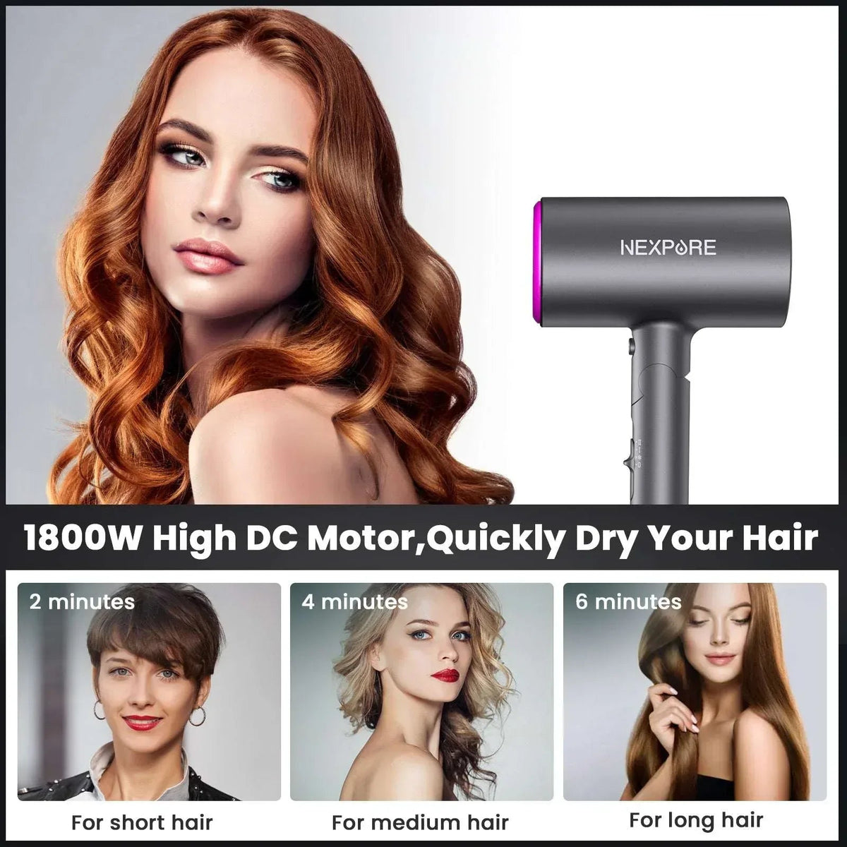 Hair Dryer, NEXPURE 1800W Professional Ionic Blow Dryer for Hair Care, Powerful Wind for Hair Drying, 2 Attachments, Grey