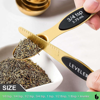 Magnetic Measuring Spoons Set Stainless Steel, Dual Sided for Liquid Dry Food, Measuring Cups Spoons Set Fits in Spice Jar, Kitchen Gadgets, Cooking Utensils Set, Including Leveler, Gold