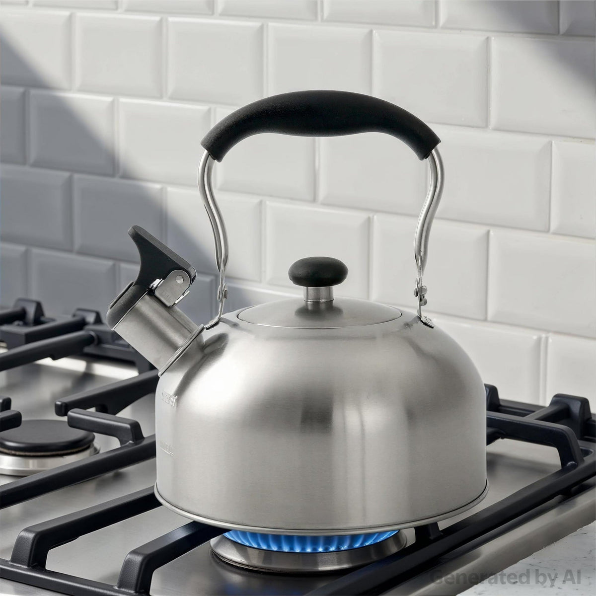 Mainstays 1.8-Liter Whistle Tea Kettle, Induction Compatible, Stainless Steel, Silver