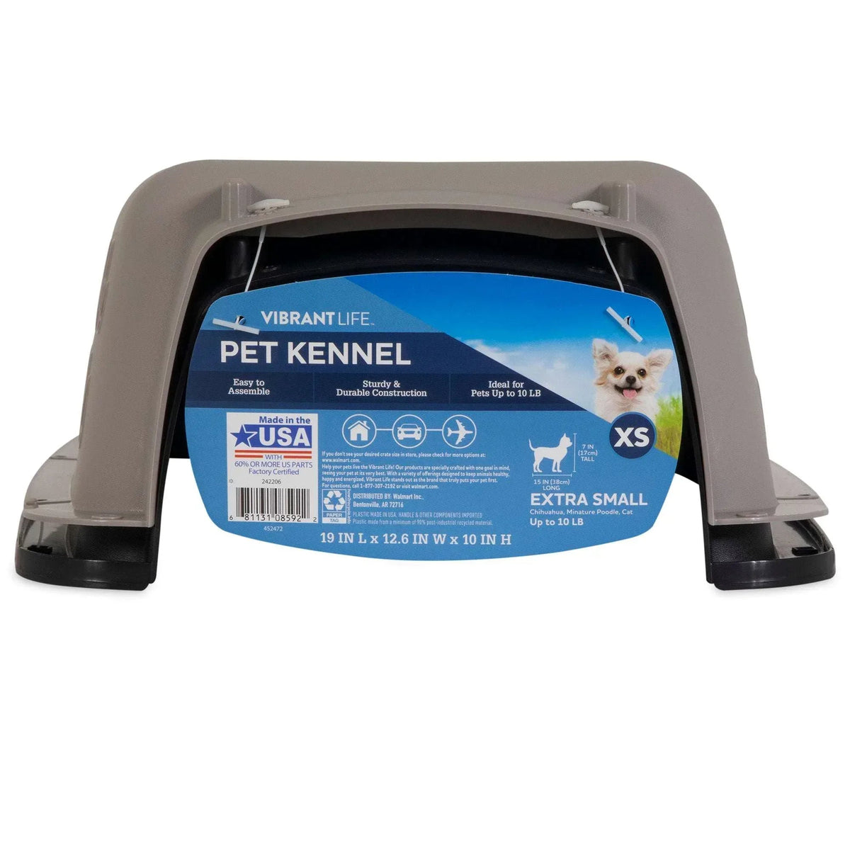 Vibrant Life Pet Portable Kennel for Dogs, Hard-Sided Travel Carrier, Durable, Metal Door, Black & Grey, For Pets up to 10 lbs, 19" L x 12.3" W x 10.8" H