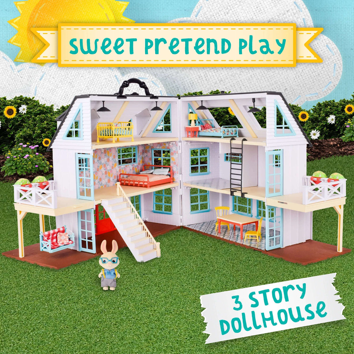 Honey Bee Acres Buzzby Farmhouse – 25 Piece Three-Story Country Dollhouse with Furniture & Exclusive Rabbit Figure – Doll Playset for Kids Ages 3+