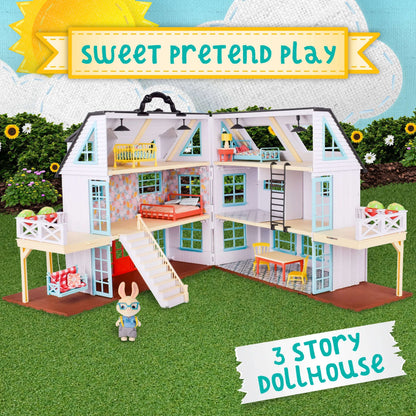 Honey Bee Acres Buzzby Farmhouse – 25 Piece Three-Story Country Dollhouse with Furniture & Exclusive Rabbit Figure – Doll Playset for Kids Ages 3+