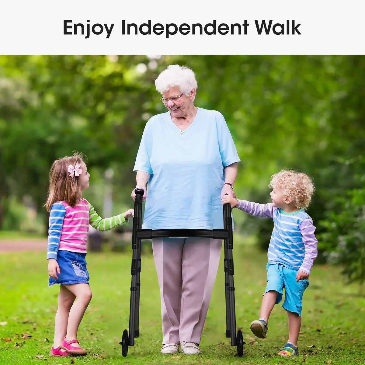 MaxKare Folding Walker with Wheels, 8 Levels Adjustable Height 30.5"-37.5", 300lbs Weight Capacity, Lightweight, for Senior, Black