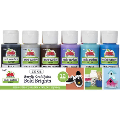 Apple Barrel Multi-Surface Acrylic Craft Paint Set, Bold Brights, 2 fl oz, 12 Piece