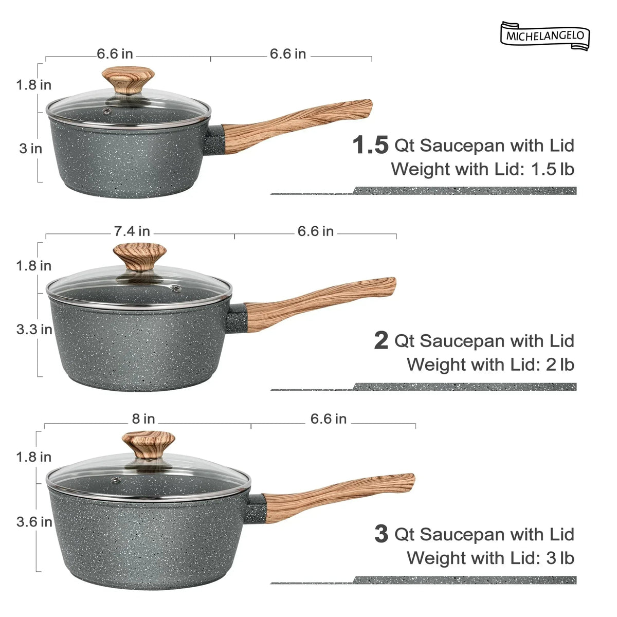 MICHELANGELO Sauce Pan with Lid, Nonstick Saucepans 1.5QT&2QT&3QT, Granite Sauce Pan 3 Piece, Stone Saucepan Set, Small Pot with Lid, Nonstick Sauce Pot Set
