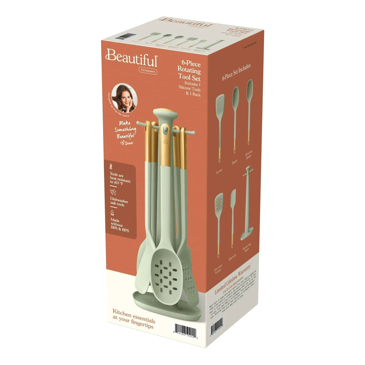 Beautiful 6-Piece Silicone Kitchen Utensil Tool Set with Rotating Rack, Black Sesame by Drew Barrymore