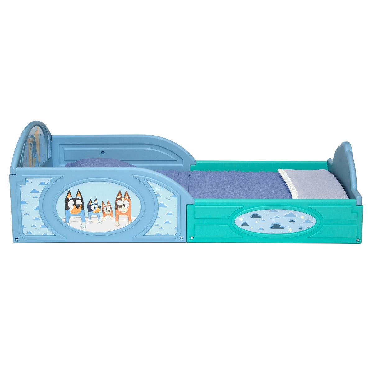 Bluey Sleep and Play Toddler Bed with Built-In Guardrails by Delta Children