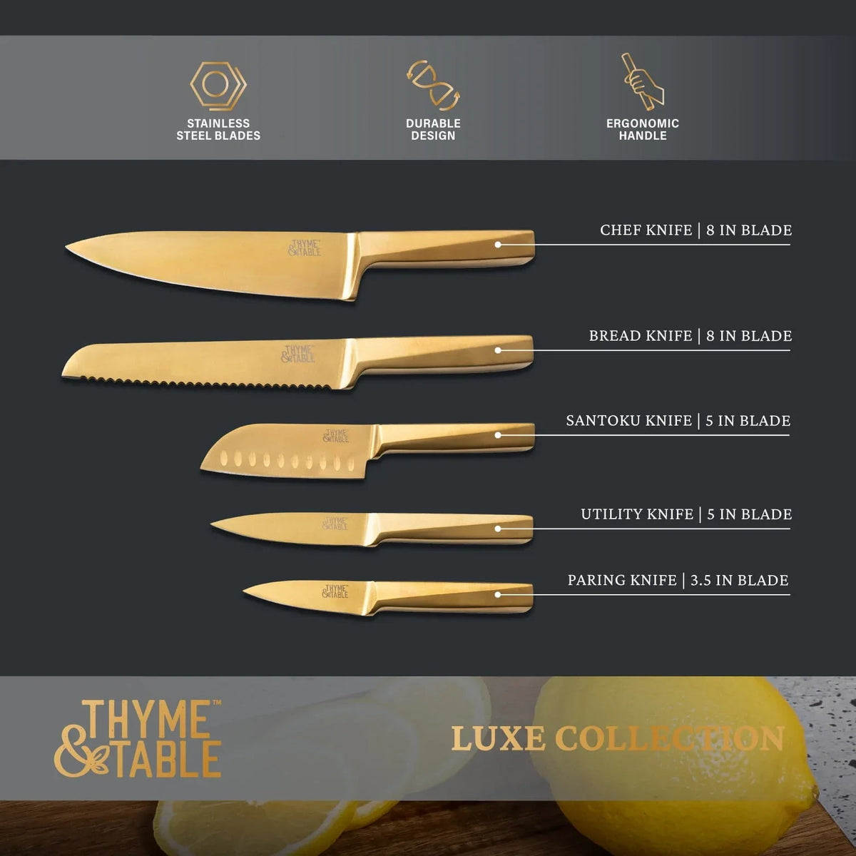 Thyme & Table 6-Piece Slim Acacia Knife Block Set with Gold Blades and White Accent Block
