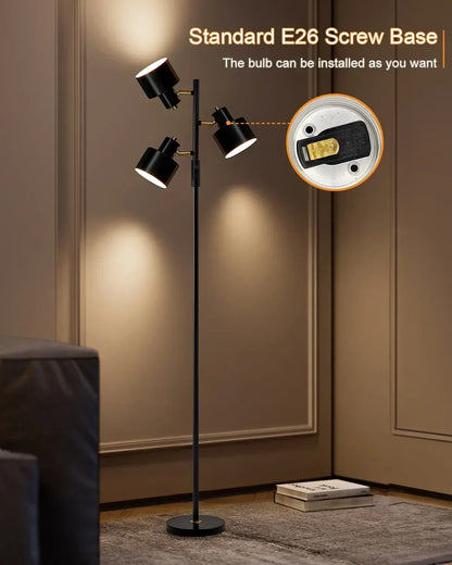 Yokila 66.25" 3 Light Modern Black Metal Floor Lamp for Living Room Bedroom Tall Standing Lamp with Rotary Switch for Home Office