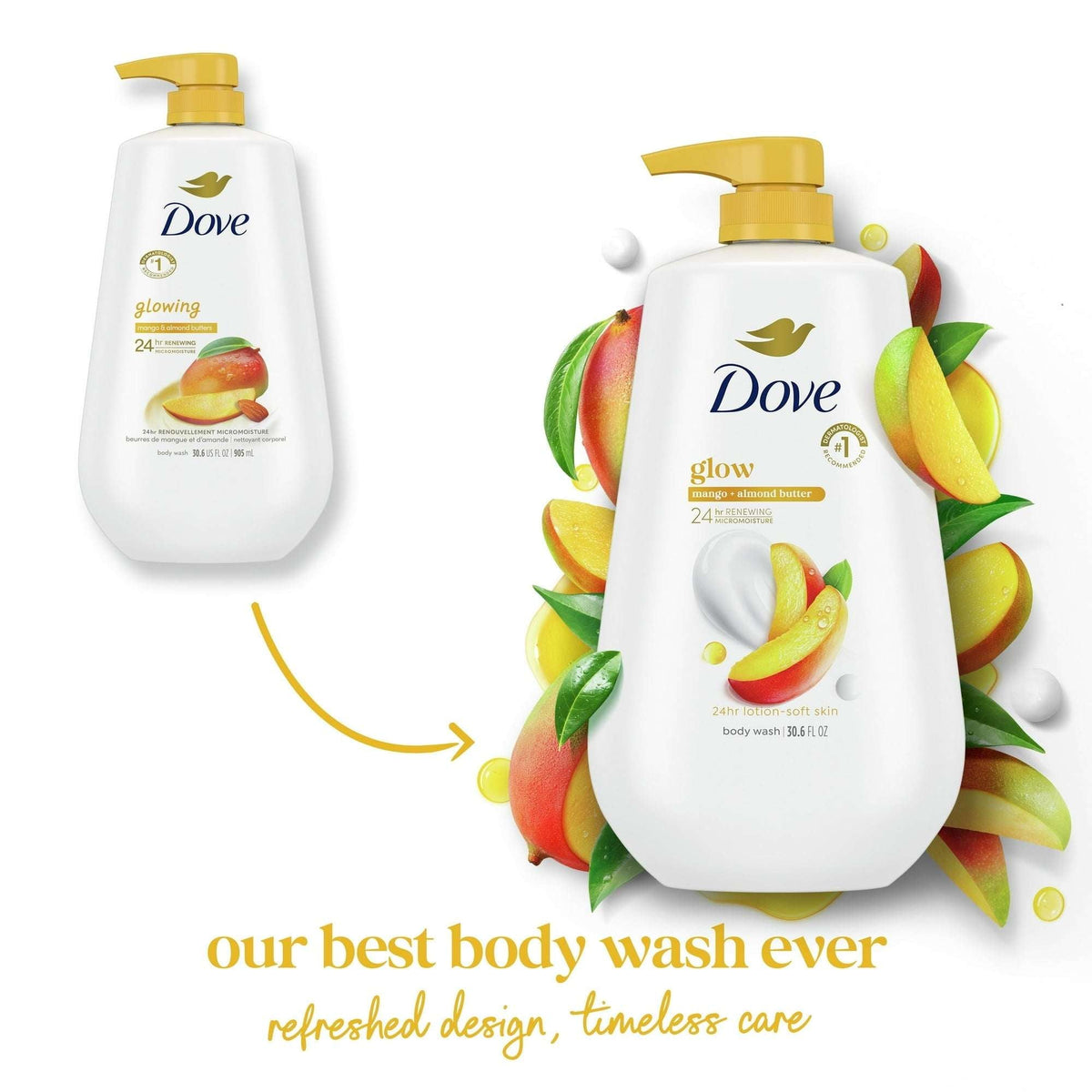 (3 pack) Dove Glowing Gentle Body Wash for Women All Skin Mango & Almond Butter, 30.6 fl oz