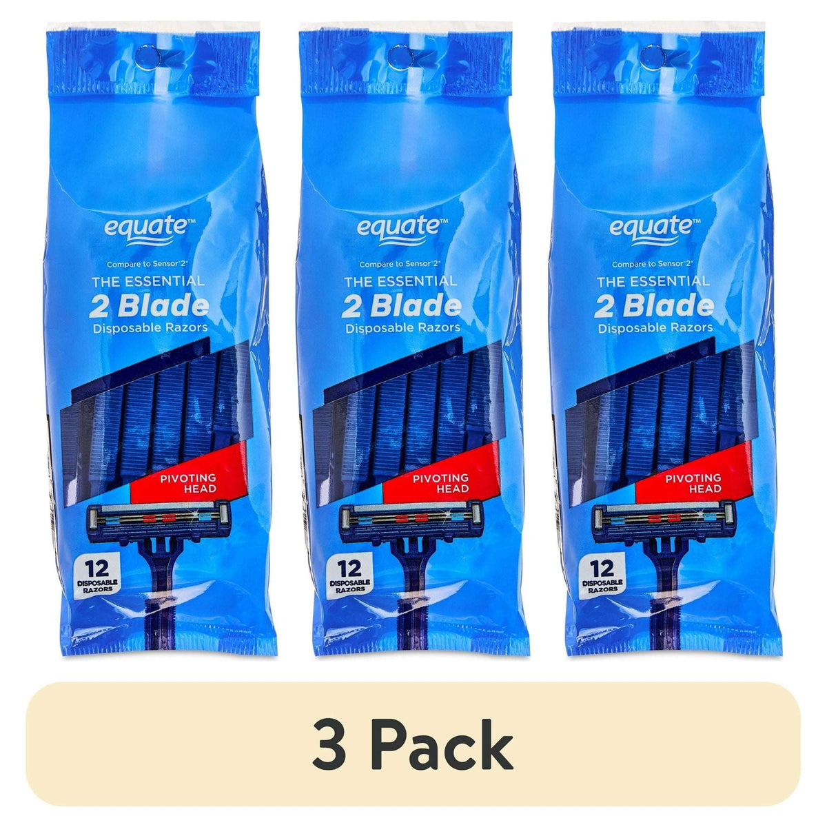 (3 pack) Equate 2-Blade Disposable Razors, Blue, 12 Count
