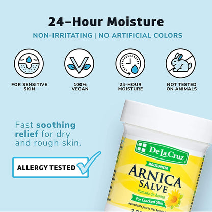 De La Cruz Arnica Salve Moisturizer for Cracked Skin, for Dry and Cracked Hands, Elbows and Feet, 2 oz Jar