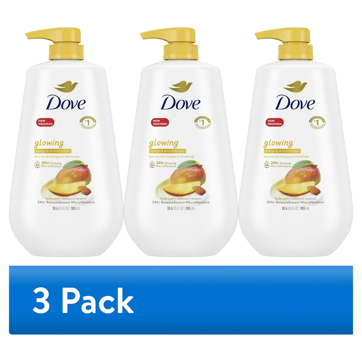 (3 pack) Dove Glowing Gentle Body Wash for Women All Skin Mango & Almond Butter, 30.6 fl oz