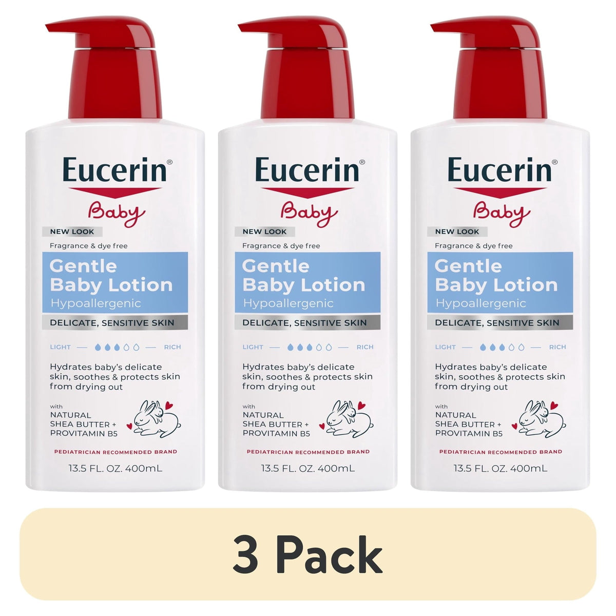 (3 pack) Eucerin Baby Lotion with Provitamin B5 and Shea Butter, Hypoallergenic, Fragrance Free, 13.5 fl oz