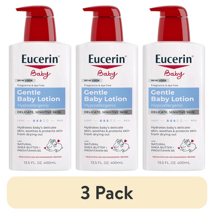 (3 pack) Eucerin Baby Lotion with Provitamin B5 and Shea Butter, Hypoallergenic, Fragrance Free, 13.5 fl oz
