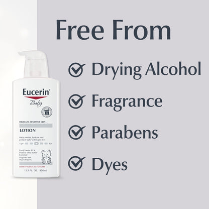 (3 pack) Eucerin Baby Lotion with Provitamin B5 and Shea Butter, Hypoallergenic, Fragrance Free, 13.5 fl oz
