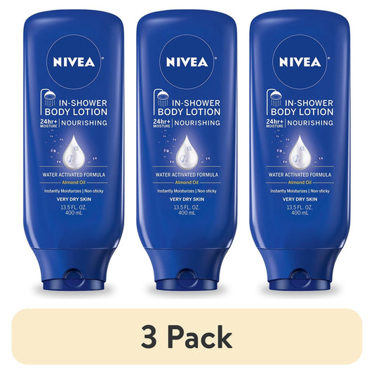 (3 pack) NIVEA Nourishing In Shower Lotion for Very Dry Skin, 24-Hour Body Moisturizer, 13.5 fl oz