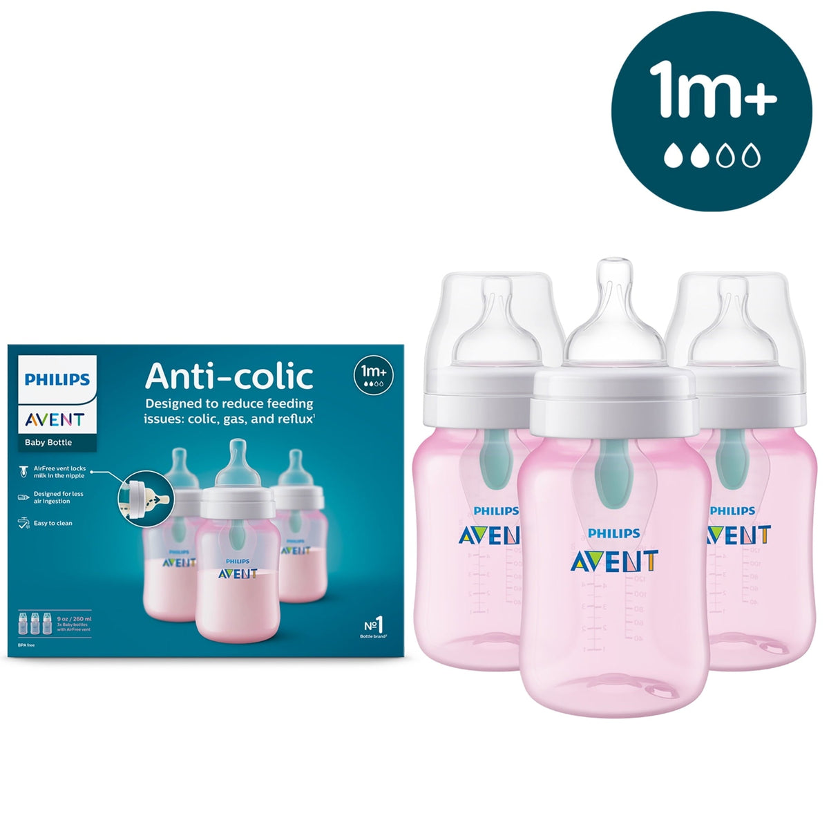 (3 pack) Philips Avent Anti-colic Bottle with AirFree Vent, 9oz, 3pk, Pink, SCY703/13