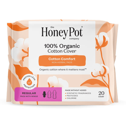 (3 pack) The Honey Pot Company, Non-Herbal Regular Pads with Wings, Organic Cotton Cover, 20 ct.