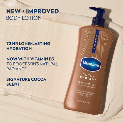 (3 pack) Vaseline Cocoa Radiant Body Lotion Cocoa for Dry Skin Cocoa Radiant Lotion Made with Ultra-Hydrating Lipids and Pure Cocoa Butter for a Long-Lasting, Radiant Glow, 20.3 Fl oz