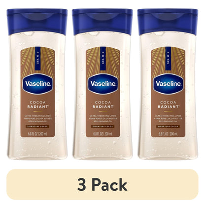 (3 pack) Vaseline Intensive Care Cocoa Radiant Body Gel Oil for Glowing Skin Made with 100% Pure Cocoa Butter + Replenishing Oils, 6.8 fl oz