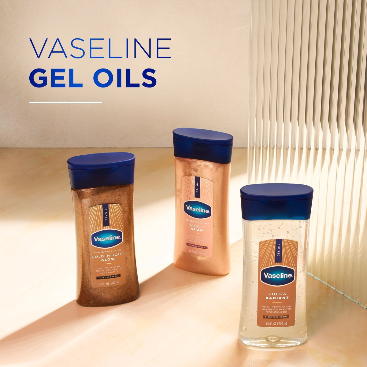 (3 pack) Vaseline Intensive Care Cocoa Radiant Body Gel Oil for Glowing Skin Made with 100% Pure Cocoa Butter + Replenishing Oils, 6.8 fl oz