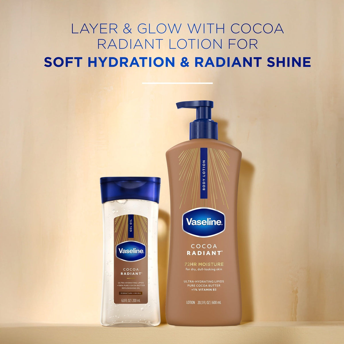 (3 pack) Vaseline Intensive Care Cocoa Radiant Body Gel Oil for Glowing Skin Made with 100% Pure Cocoa Butter + Replenishing Oils, 6.8 fl oz