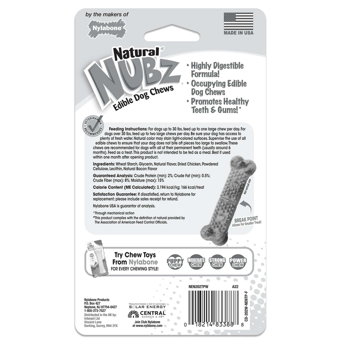 Nylabone Natural Nubz Edible Dog Dry Chew Treat, Chicken Flavor, Small