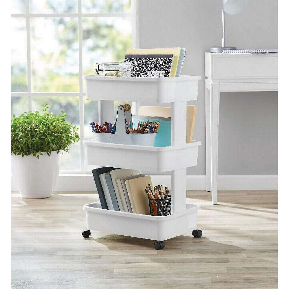 Mainstays 3-Tier Plastic Rolling Laundry Cart, Arctic White