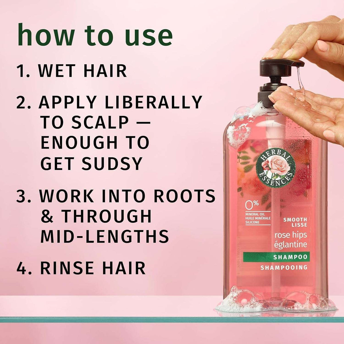 Herbal Essences Shampoo, Rose Hips - Smooth Collection, Shiny Hair with Vitamin E & Jojoba, Safe for Color Treated Hair, Floral Scent, Cruelty-Free, Dermatologist-Tested, 29.2 Fl Oz