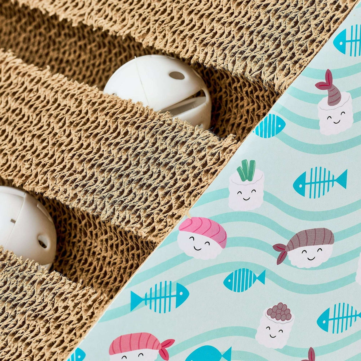 (2 pack) Vibrant Life Cat Scratching Pad, Corrugated Cardboard Activity Center, 3-Sided, Fish & Sushi Print, 7.5" x 10.5" x 7.5"