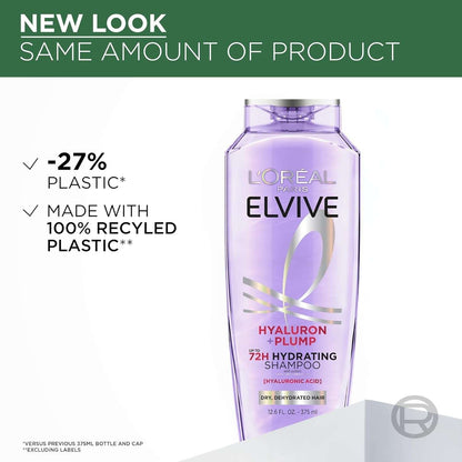 L'Oreal Paris Elvive Hyaluron Plump Hydrating Shampoo for Dehydrated, Dry Hair Infused with Hyaluronic Acid Care Complex, Paraben-Free, 12.6 Fl Oz