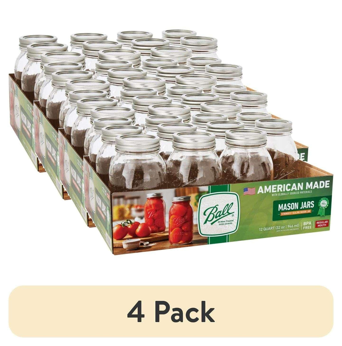 Ball Regular Mouth Quart 32-Oz. Glass Mason Jar with Lids and Bands, 12-Count