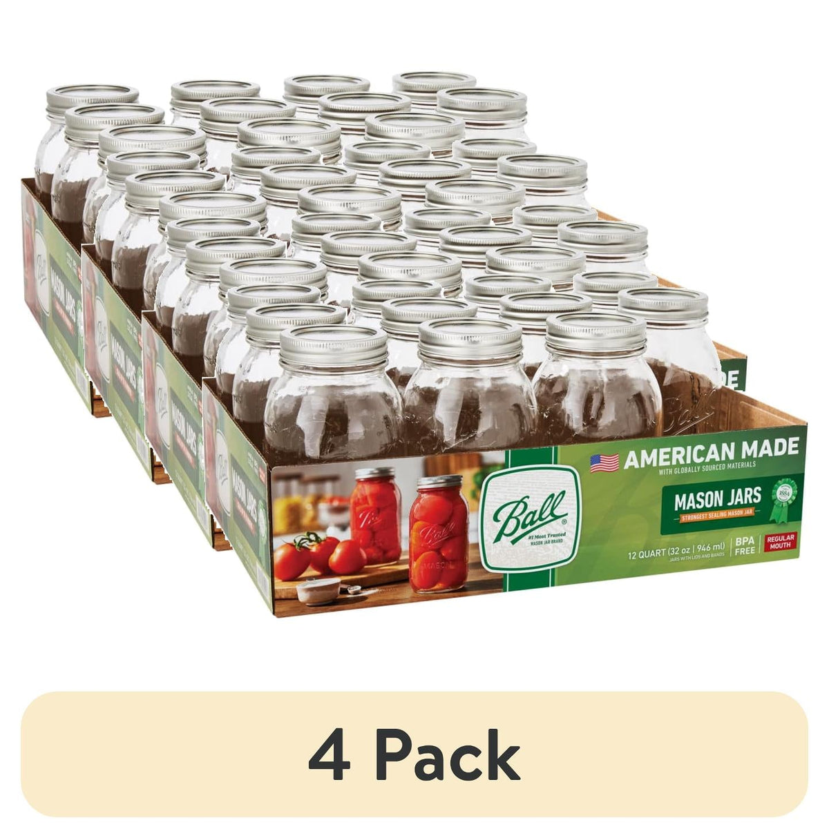 Ball 32 oz Mason Jars, Regular Mouth Quart Canning Jars with Lids and Rings, 12-Pack Large Glass Jars for Home Canning and Fermenting