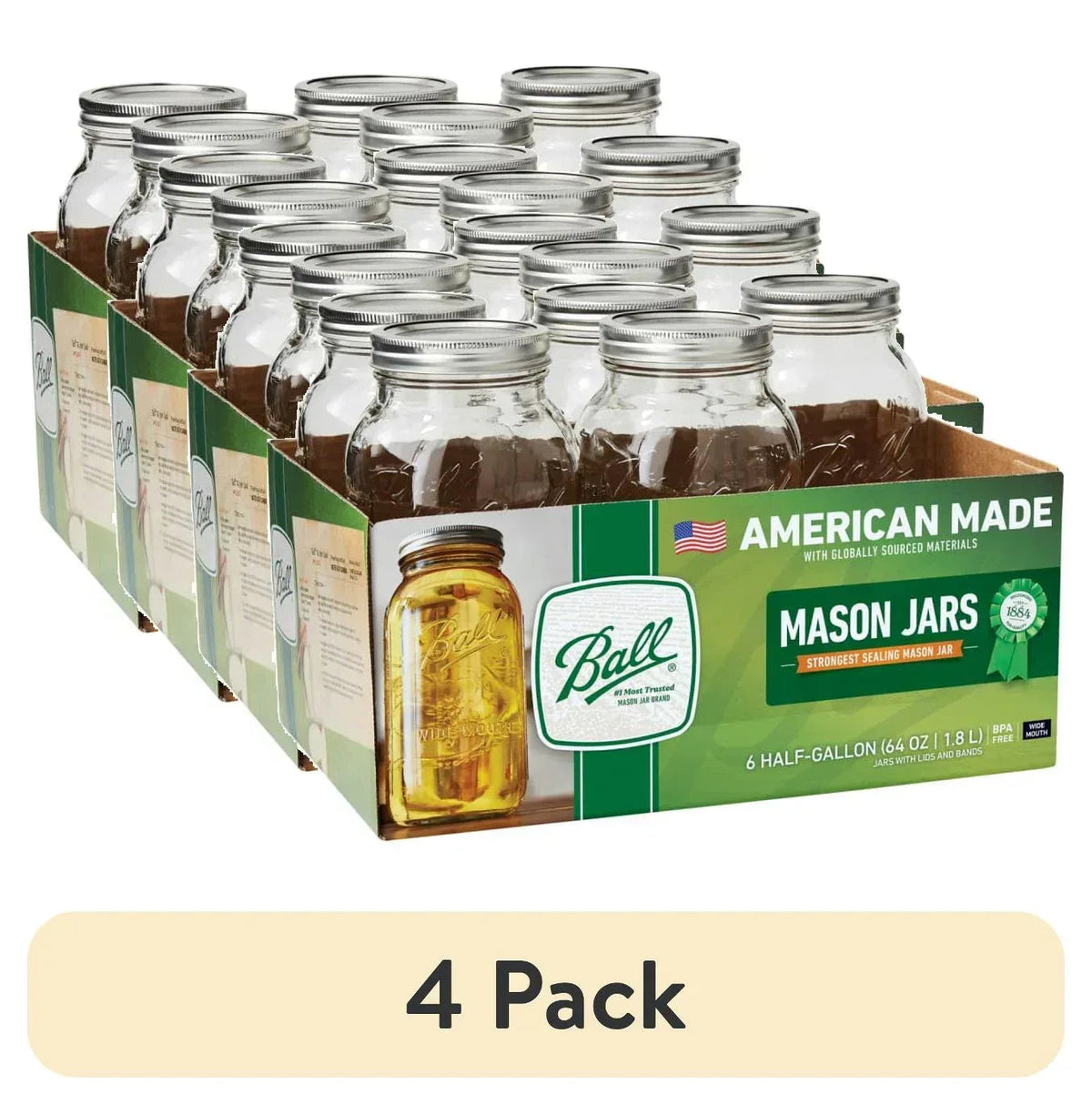 Ball Glass Mason Jar W/Lid & Band, Wide Mouth, 64 Ounces, 6 Count