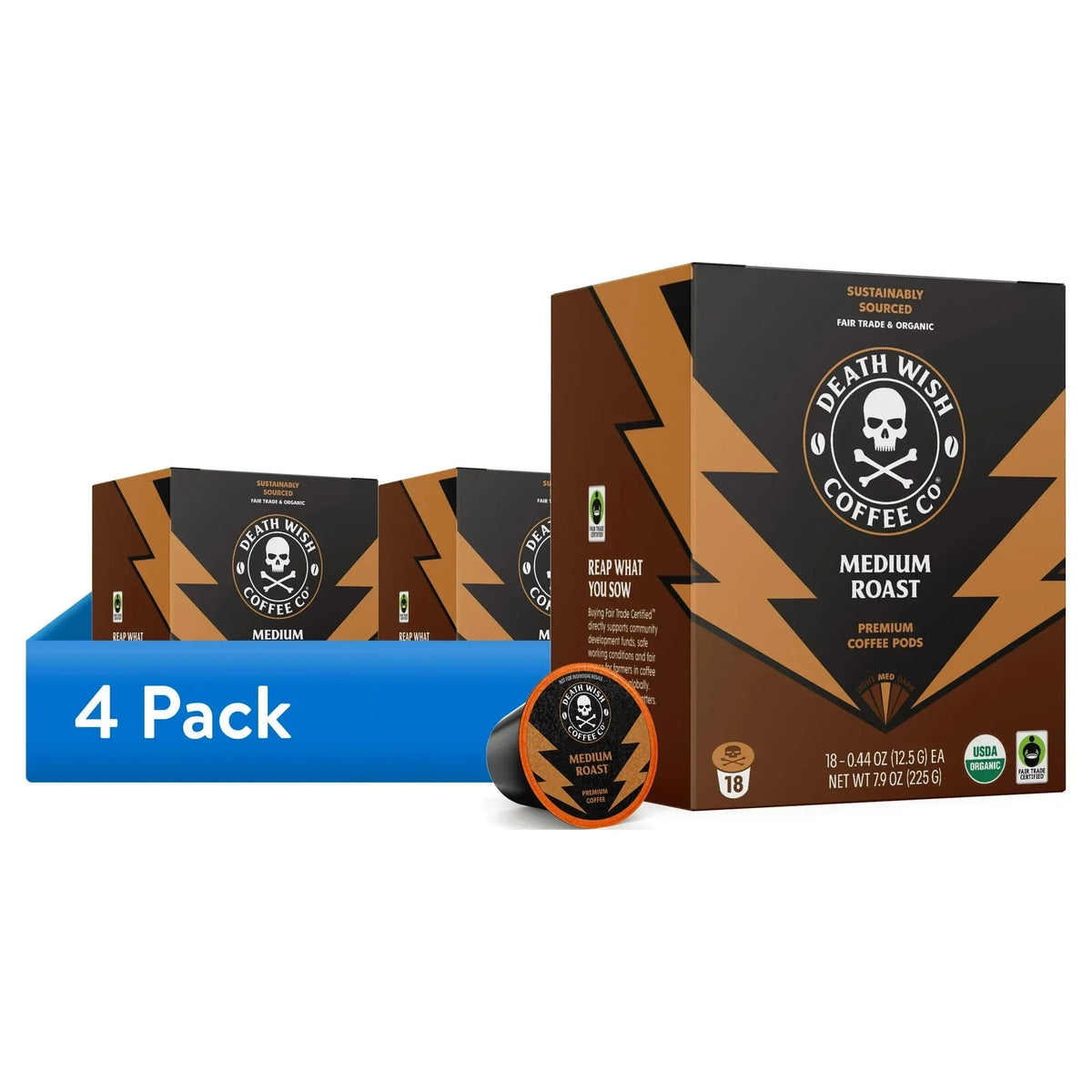 Death Wish Coffee, Organic and Fair Trade, Medium Roast, Single-Serve Coffee Pods, 18 Count