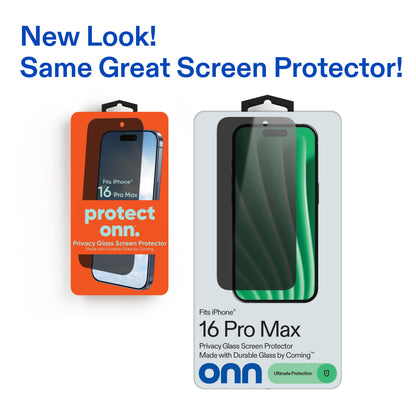 onn Privacy Glass Screen Protector for iPhone® 16 Pro Max, Made with Durable Glass by Corning™ for Ultimate Protection, Includes Easy Application Tray