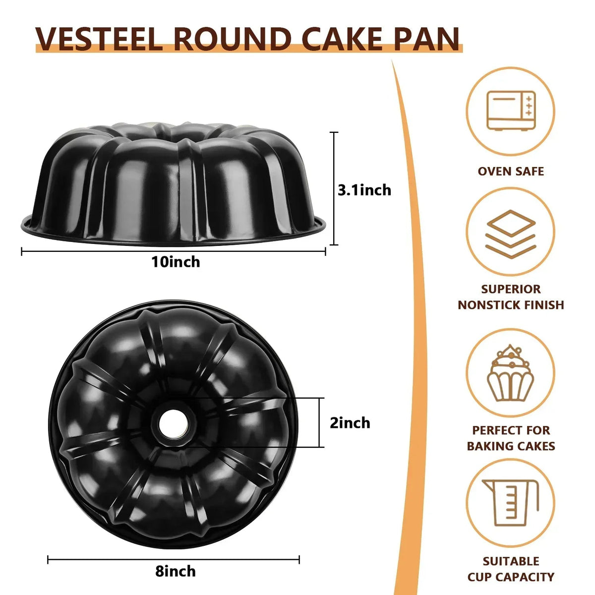 Vesteel 10 inch Bundt Cake Pan, Non-Stick Pan for Baking Brownie Flan Meatloaf, Carbon Steel Bakeware with Tube for Birthday Wedding Events, Heavy Duty & Durable - Black