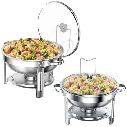 Chafing Dish Buffet Set 2 Pack: TINANA 5QT Stainless Steel Chafing Dishes with Glass Lid & Lid Holder, Round Food Warmers for Parties, Events, Wedding-Gold