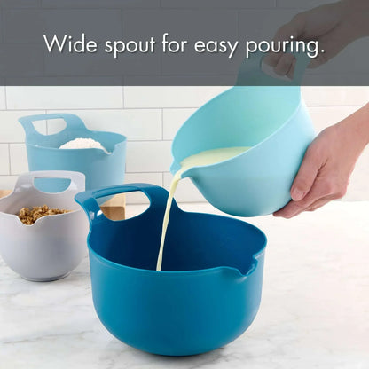 Mainstays 4 Piece Nesting Plastic Mixing Bowl Set with Pour Spouts and Handles, Blue