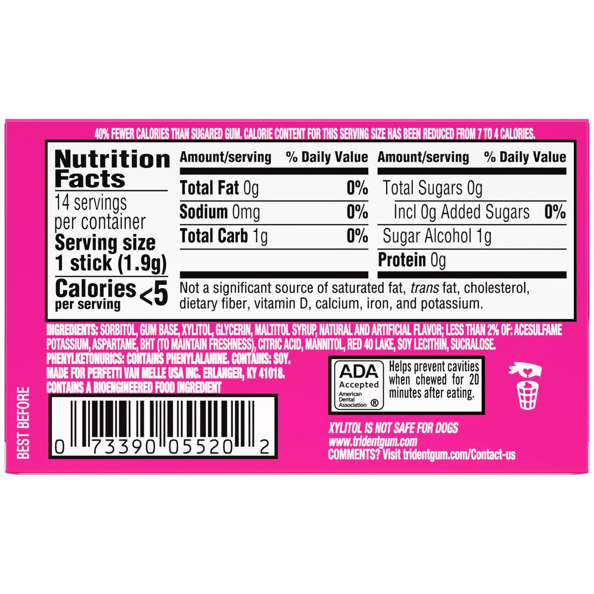 Trident Sugar Free Gum, Bubblegum, Regular Size, 14 Pieces