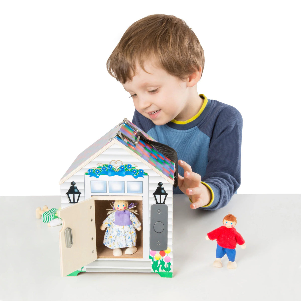 Melissa & Doug Take-Along Wooden Doorbell Dollhouse - Doorbell Sounds, Keys, 4 Poseable Wooden Dolls